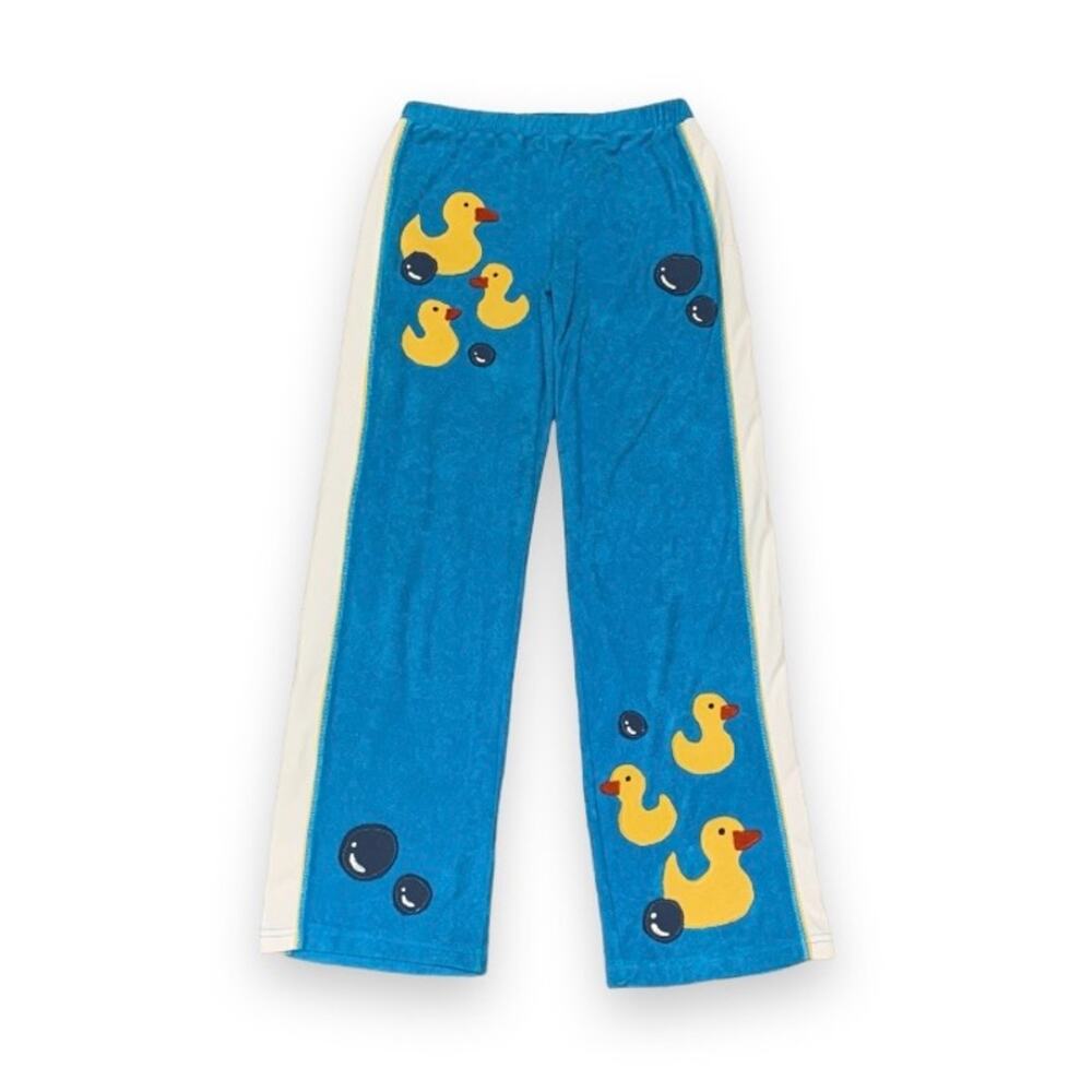 Custom Upcycled Y2K Rubber Duck Blue Yellow Track Pants Medium